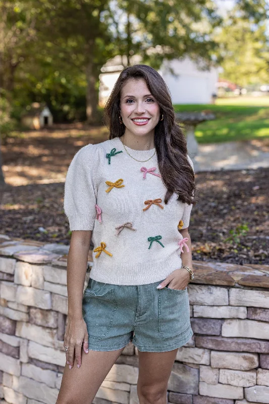 Women’s slouchy tops for laid-back fashion -Bow Tied Beauty Oatmeal Sweater