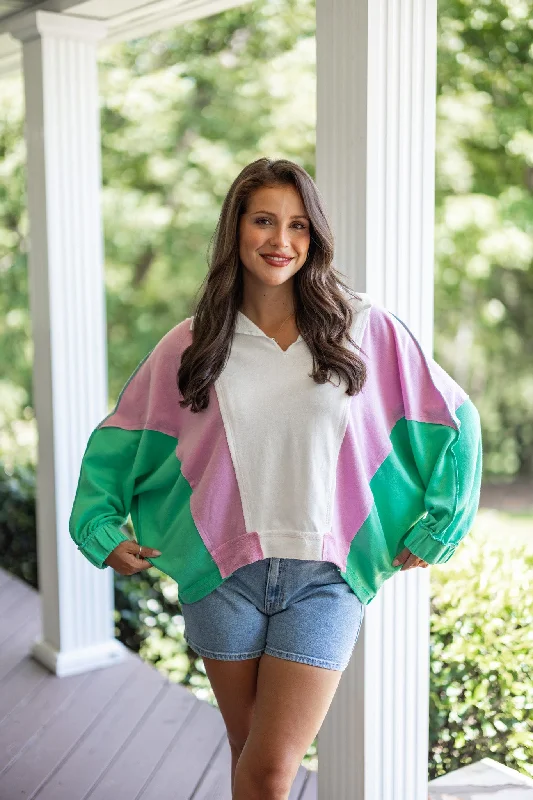 Women’s cotton tops for breathable wear -Colorblock Fab Green Mix Pullover