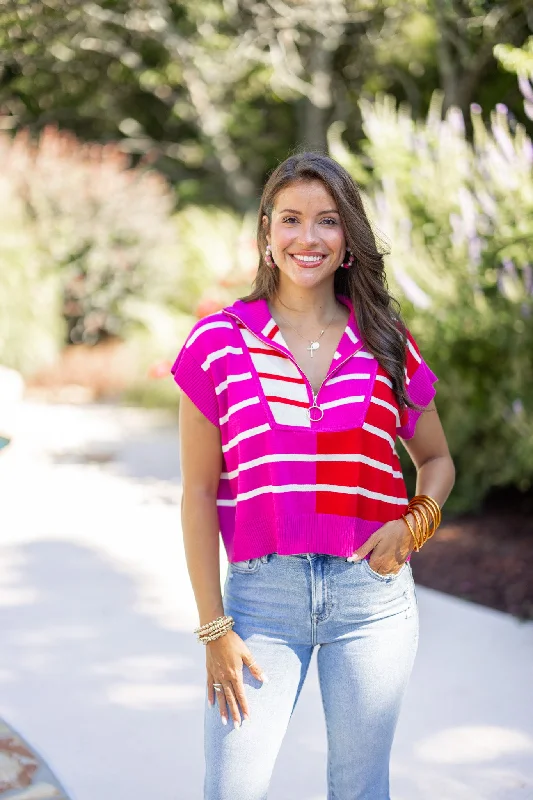 Women’s zip-up tops for easy wear -The Colorblock Stripe Pink Top