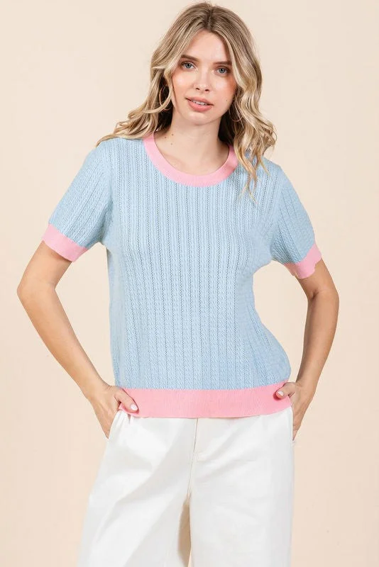 Women’s mock neck tops for cozy elegance -Cool Knit Blue Textured Top