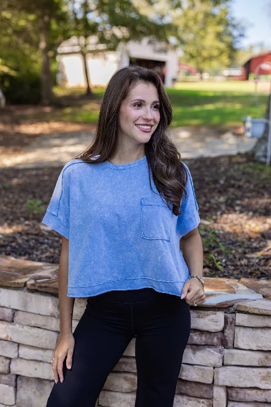 Women’s fleece-lined tops for winter comfort -Easy Does It Blue Crop Tee