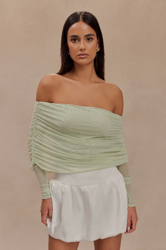 Women’s cotton tops for breathable wear -Everly Sheer Mesh Off Shoulder Top - Pastel Green