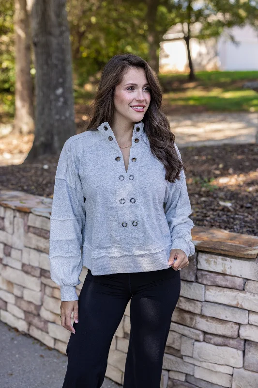 Women’s relaxed fit tops for comfortable wear -Eyelet Adorned Grey Knit Pullover