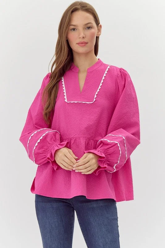 Women’s frill sleeve tops for fun, feminine style -Enchanted Perfection Fuchsia Babydoll Top