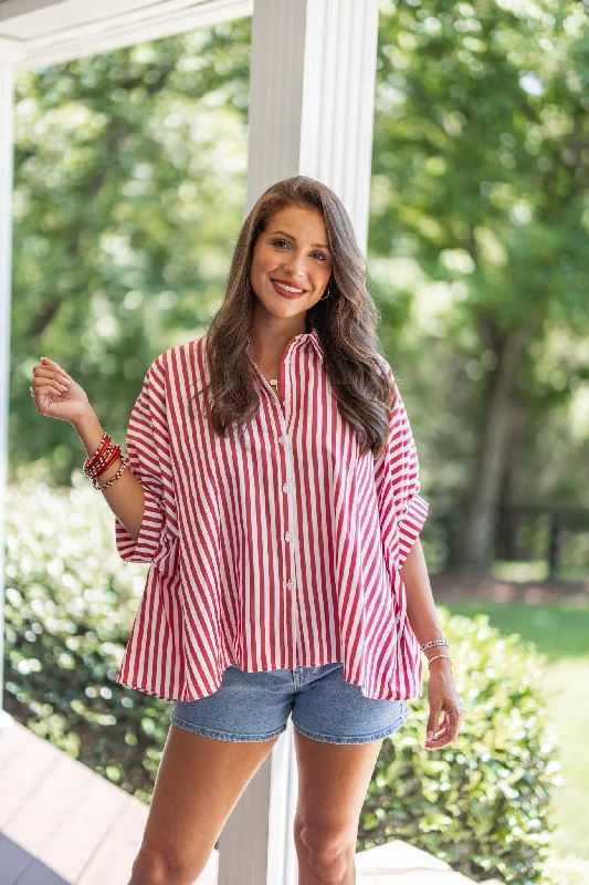 Women’s tie-front tops for fun, flirty style -Classic Love Red Striped Top