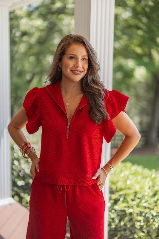 Women’s velvet tops for elegant texture -Everyday Elegance Red Textured Top