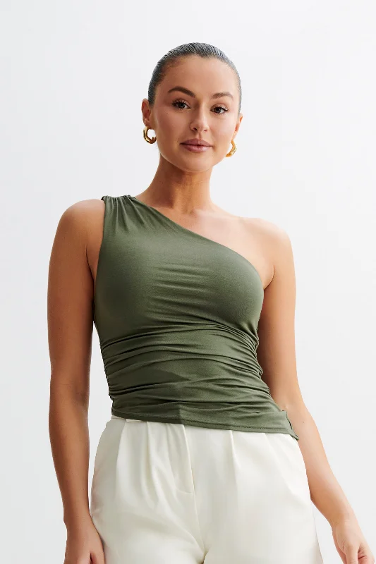 Women’s oversized t-shirt tops for casual days -Sarah One Shoulder Modal Asymmetric Top - Military Olive