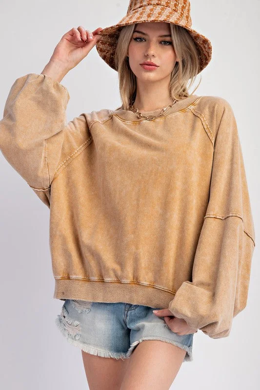 Women’s ringer t-shirts for retro style -Saturday Sass Washed Caramel Pullover