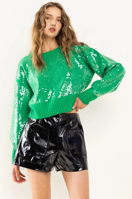 Women’s frill sleeve tops for fun, feminine style -Tis The Sequin Green Sweater