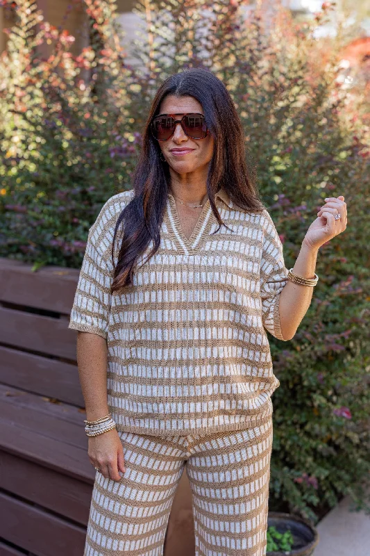 Women’s plaid tops for cozy fashion -Squared Up Tan Knit Top