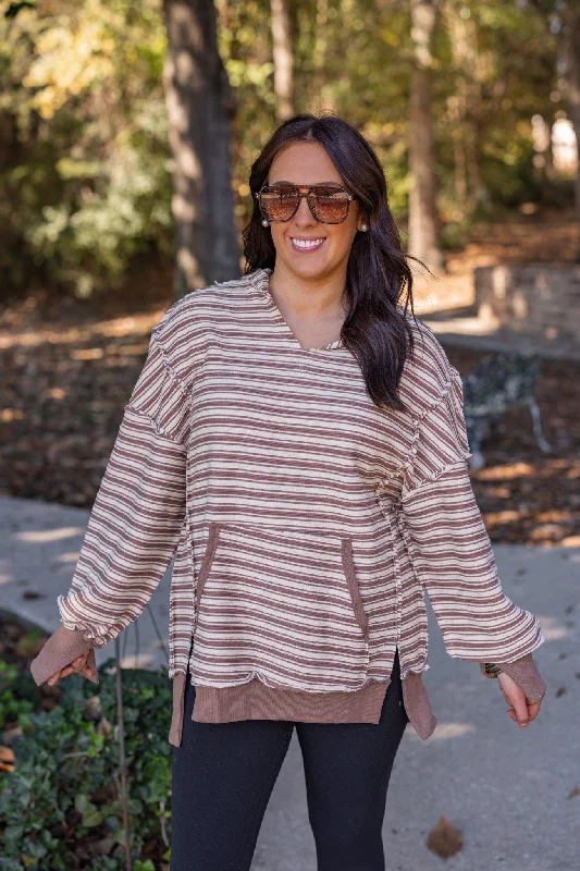 Women’s hoodie tops for casual comfort -Striped Indulgence Brown Textured Hoodie