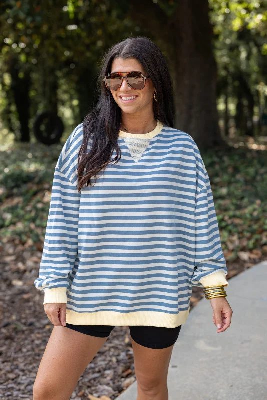 Women’s oversized t-shirt tops for casual days -All About Stripes Blue Sweatshirt