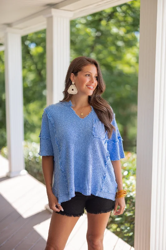 Women’s peplum blouse tops for polished look -Cozy Perfection Washed Blue Top