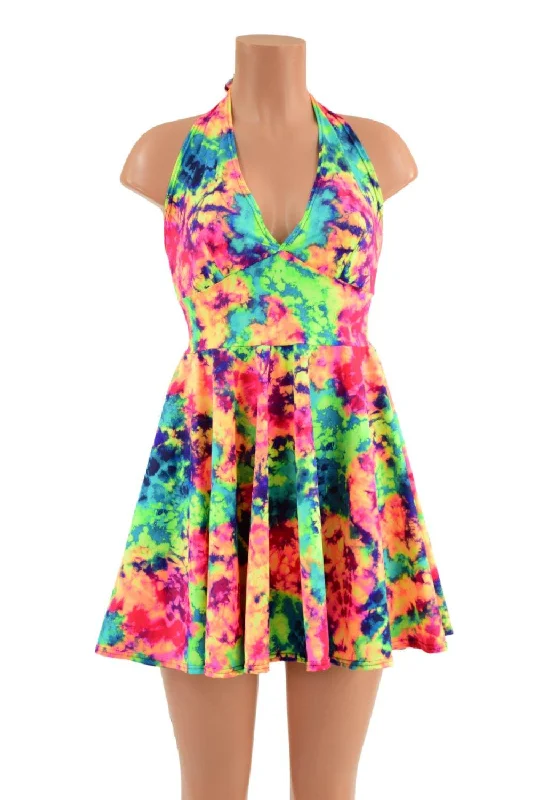 Women’s printed maxi dresses for boho vibes -Acid Splash UV Glow Halter Skater Dress