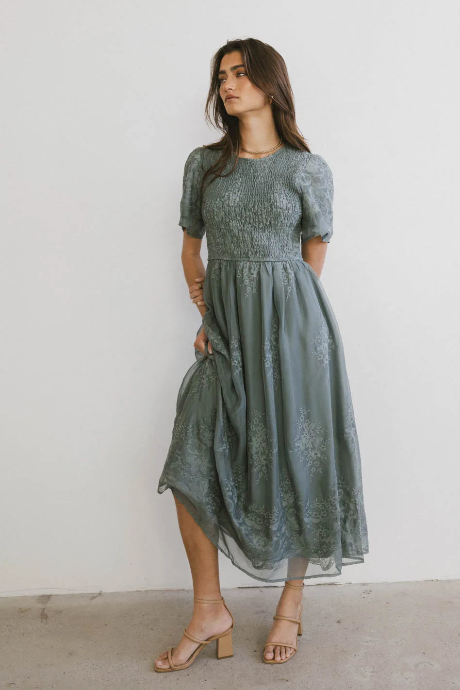 Women’s smocked dresses for fitted look -Alora Embroidered Dress in Teal