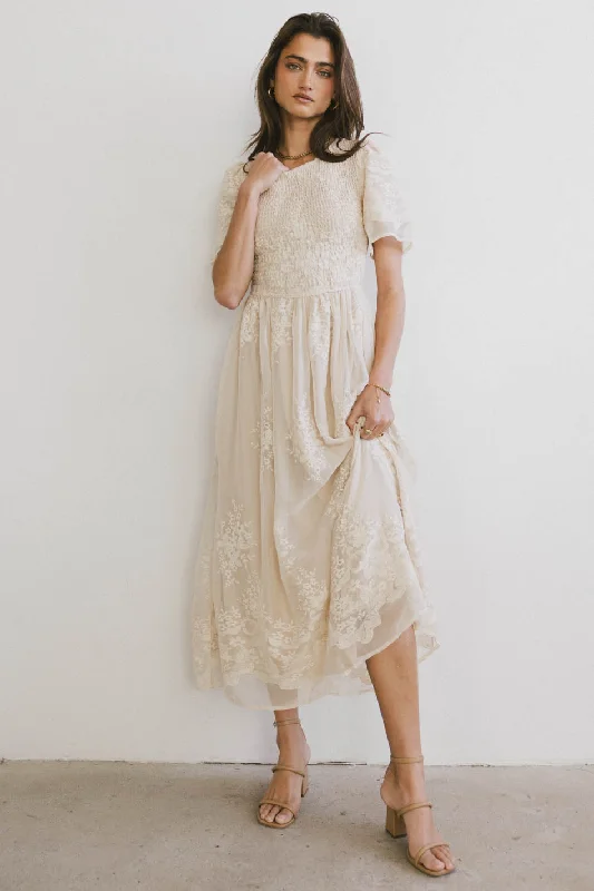 Women’s lace maxi dresses for romantic nights -Alora Embroidered Dress in Champagne