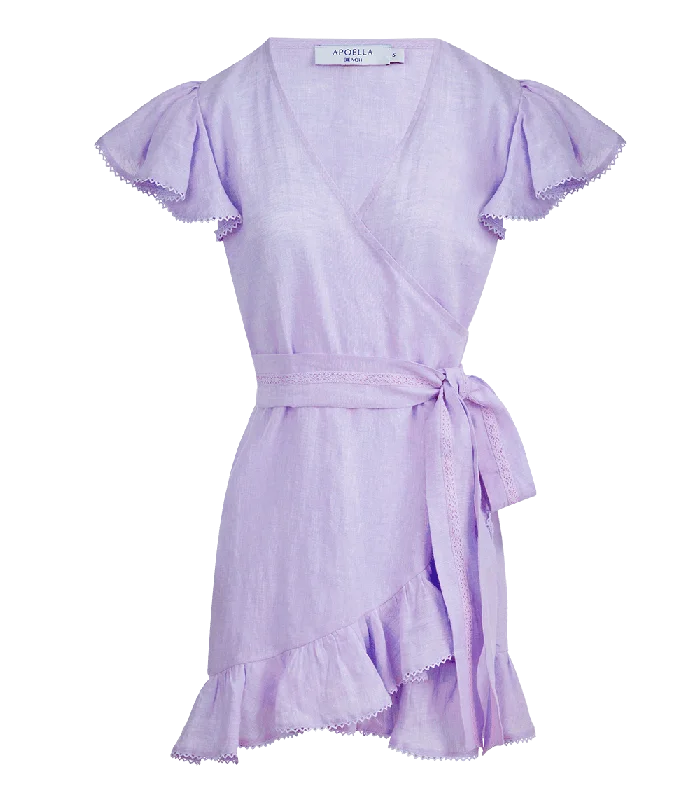 Women’s velvet mini dresses for evening outings -Amalia Lace Linen Mini Wrap Dress Lilac