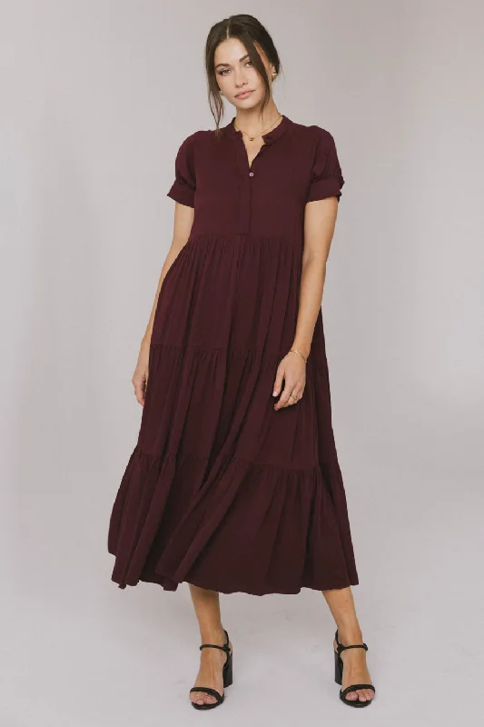 Women’s silk slip dresses for minimalistic elegance -Amanda Tiered Dress in Burgundy