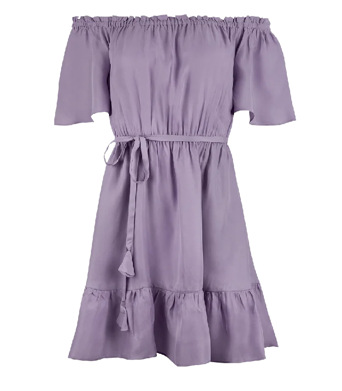 Women’s chevron dresses for bold patterns -Aphrodite Off Shoulder Puff Sleeve Short Dress Lavender