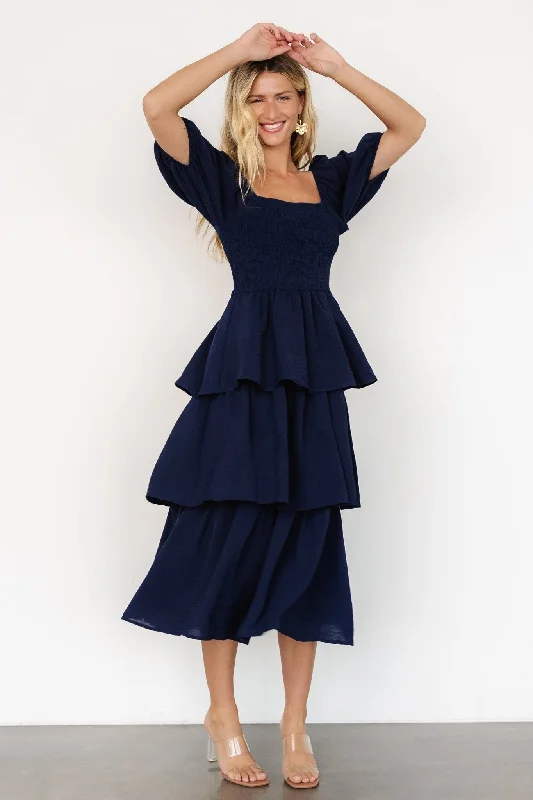 Women’s knee-length dresses for smart-casual wear -Ashbourne Tiered Dress | Midnight Blue