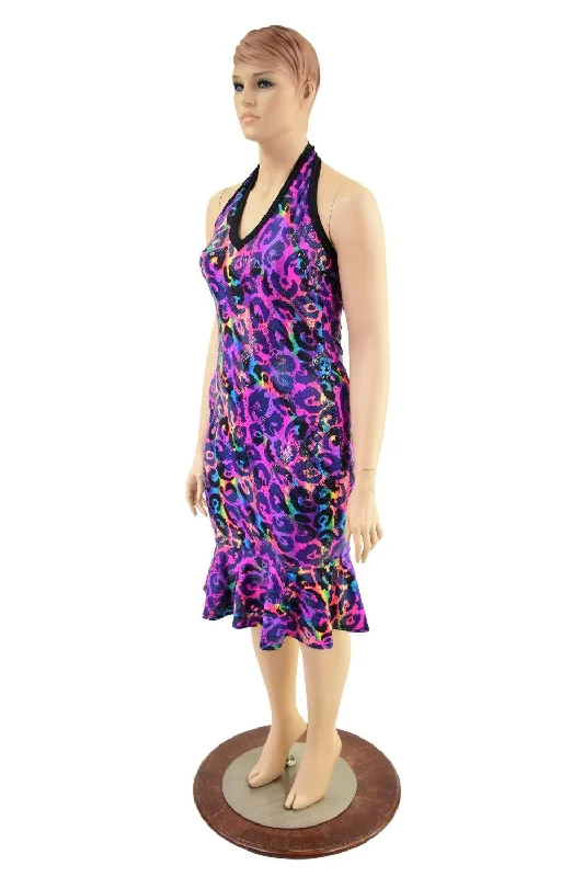 Women’s shift dresses for comfortable wear -Backless Halter Wiggle Dress in Rainbow Leopard