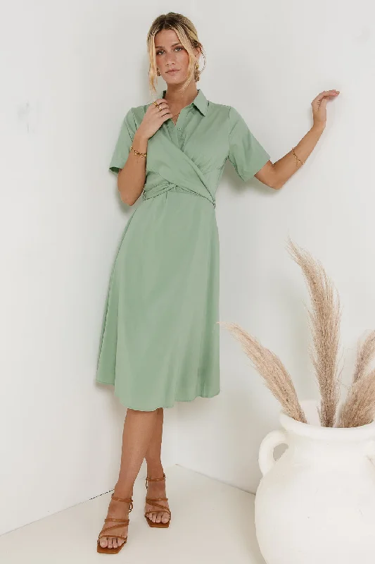 Women’s empire waist dresses for flattering look -Bennett Collared Dress in Sage - FINAL SALE