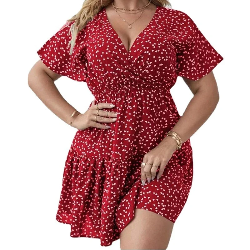 Women’s slip dresses for simple elegance -BerriesJam - Casual Heart Print Short Sleeve Loose Summer Dress