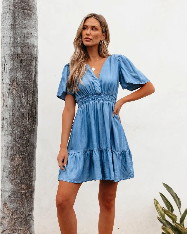 Women’s long-sleeve dresses for cooler weather -Chambray Split Neck Smocked Mini Dress