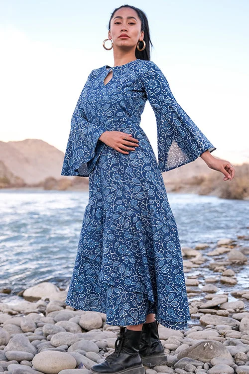 Women’s floral print midi dresses for stylish wear -Okhai 'Indigo Soul' Hand Block Printed Cotton Dress