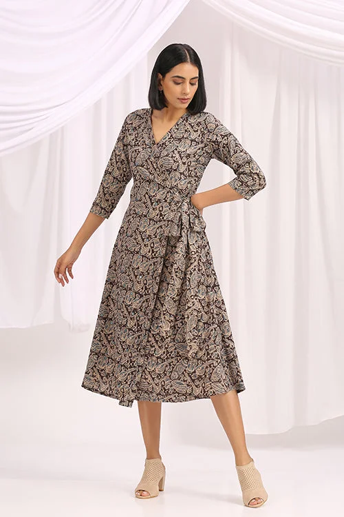 Women’s floral print midi dresses for stylish wear -Okhai 'Shabnam' Hand Block Printed Kalamkari Wrap Dress