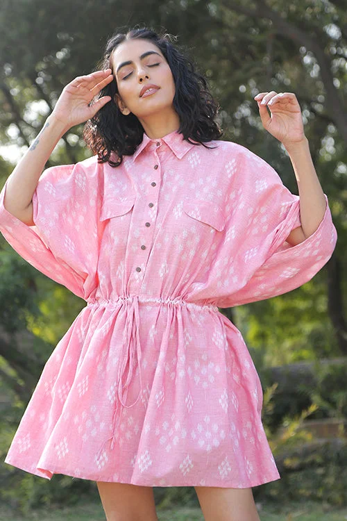 Women’s midi wrap dresses for elegant style -Okhai 'Pink Flare' Handloom Cotton Ikkat Dress