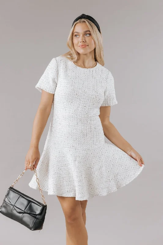 Women’s summer dresses for casual style -Cream Sequin Tweed Mini Dress - FINAL SALE