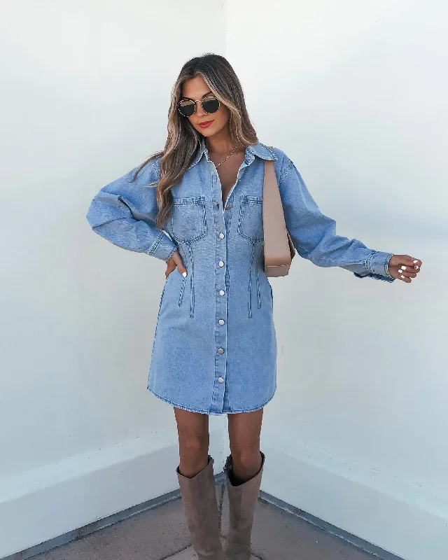 Women’s smocked dresses for fitted look -Denim Long Sleeve Button Down Mini Dress - FINAL SALE