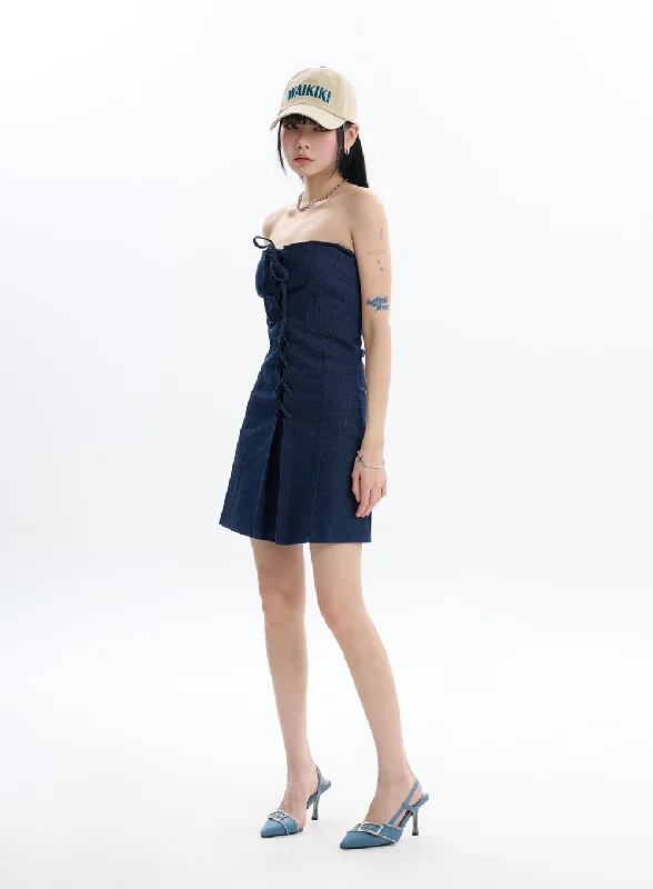 Women’s puffed sleeve dresses for dramatic look -Denim Tube Dress IF413