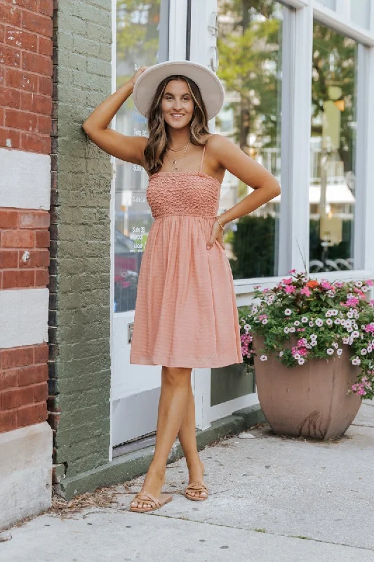 Women’s tiered dresses for playful volume -Dusty Salmon Smocked Babydoll Mini Dress - FINAL SALE