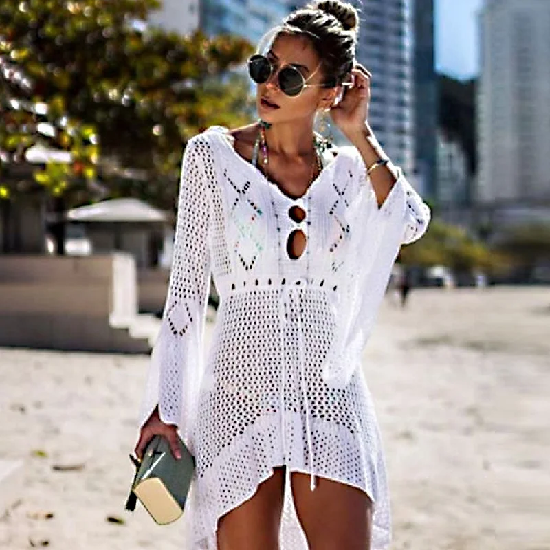 Women’s empire waist dresses for flattering look -Flare Sleeve Cutout Crochet Drawstring Cover Up - White