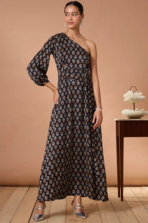 Women’s empire waist dresses for flattering fit -Okhai "Garnet Gypsy" Handblock Printed Modal Ajrakh One-Shoulder Dress