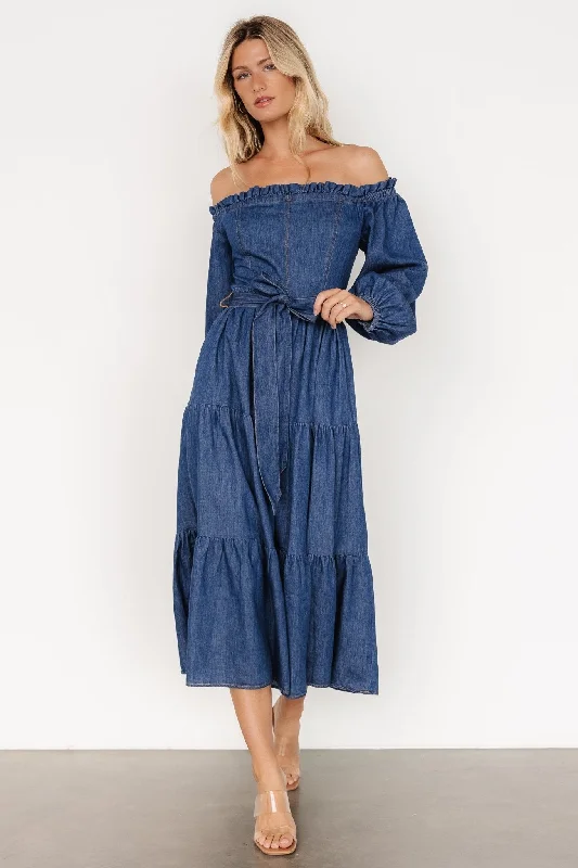 Women’s animal print dresses for bold fashion -Lewiston Off Shoulder Dress | Denim Blue