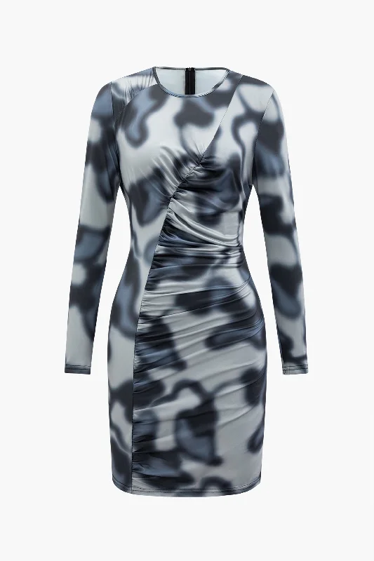 Women’s shift style dresses for relaxed elegance -Abstract Print Round Neck Long Sleeve Ruched Mini Dress