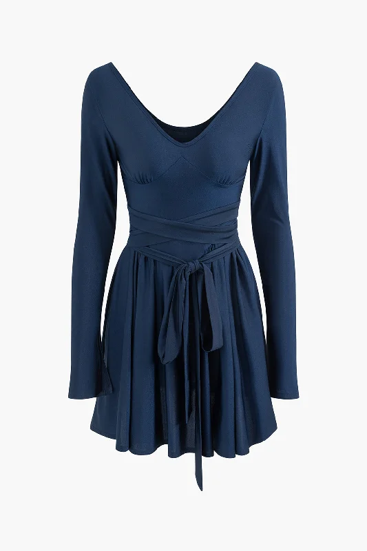 Women’s drop-waist dresses for vintage style -V-neck Wrap Tie Pleated Long Sleeve Mini Dress