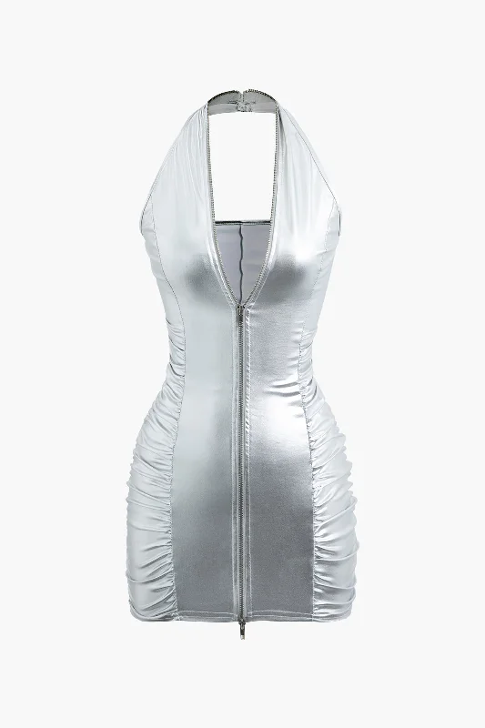 Women’s fitted bodycon dresses for special occasions -Metallic Halter Zip Up Ruched Mini Dress