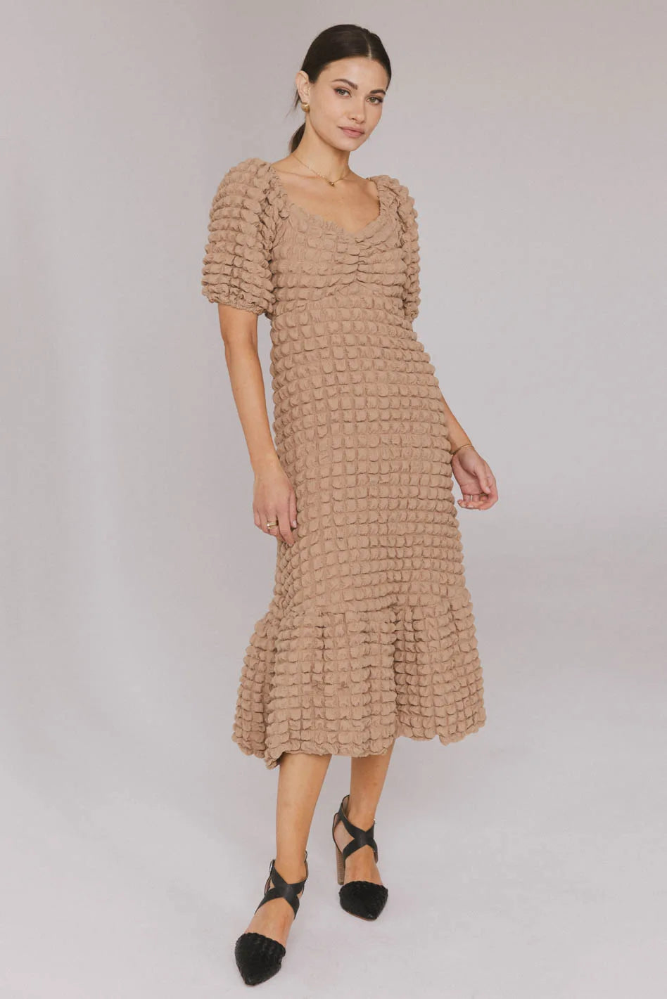 Women’s wrap dresses for flattering silhouette -Miley Bubble Texture Dress in Tan