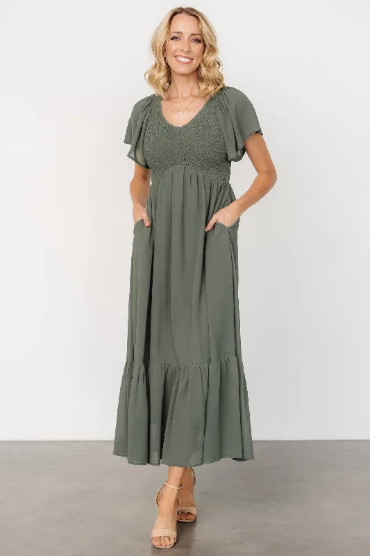 Women’s cotton dresses for breathable wear -Monica Smocked Dress | Dark Sage