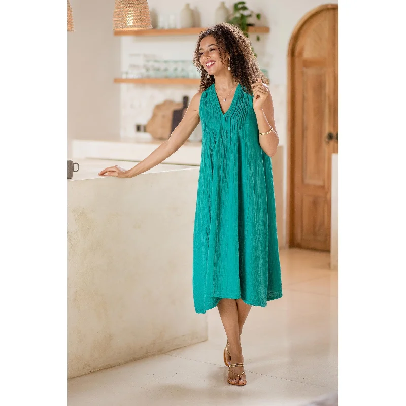 Women’s hooded dresses for casual comfort -Novica Handmade A Day Off In Teal Cotton A-Line Dress