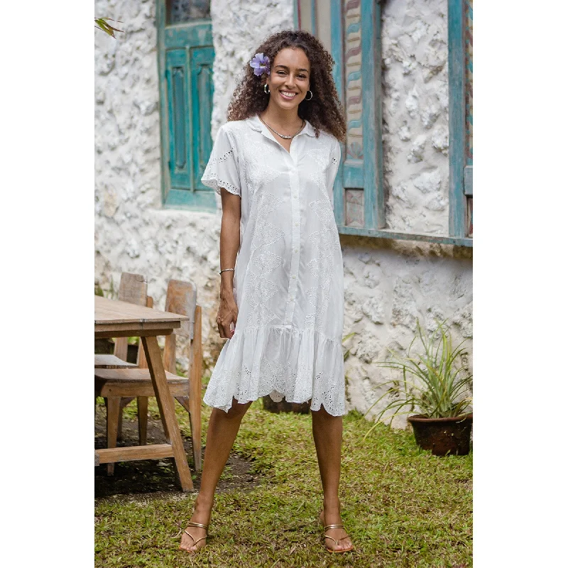 Women’s wraparound dresses for versatile wear -Novica Handmade Bloom Under Snow Hand-Embroidered Rayon A-Line Dress