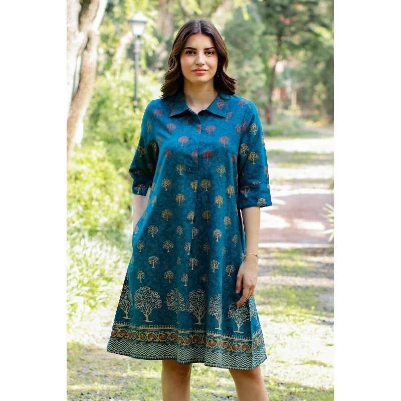 Women’s knitted dresses for cool weather style -Novica Handmade Chanderi Garden Block-Printed Cotton-Blend Shirtdress