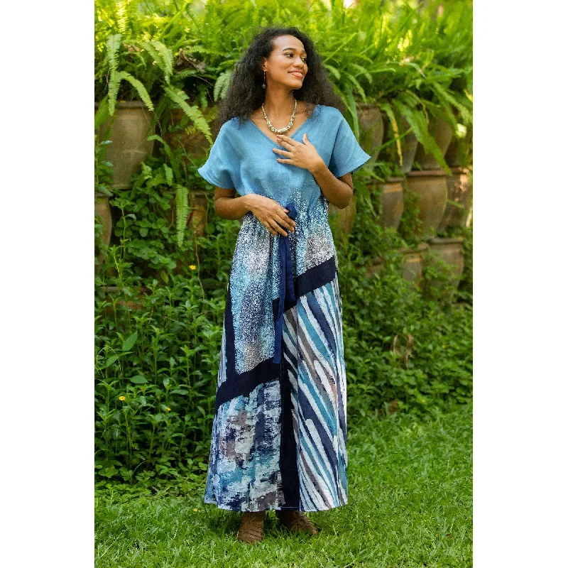 Women’s boho dresses for laid-back style -Novica Handmade Chiang Mai Rains Hand-Painted Batik Linen Dress