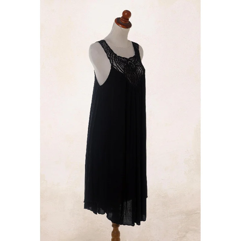 Women’s gathered waist dresses for flattering shape -Novica Handmade Drifting Clouds In Black Embroidered Cotton Dress