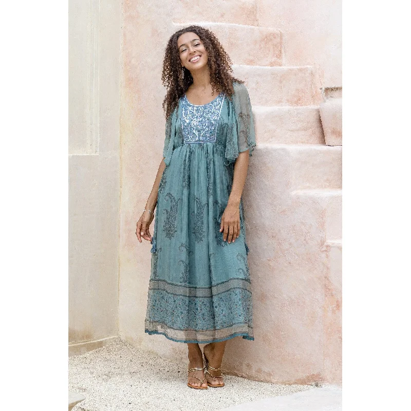 Women’s relaxed fit dresses for effortless wear -Novica Handmade Elegant Entrance Block-Printed Empire Waist Dress