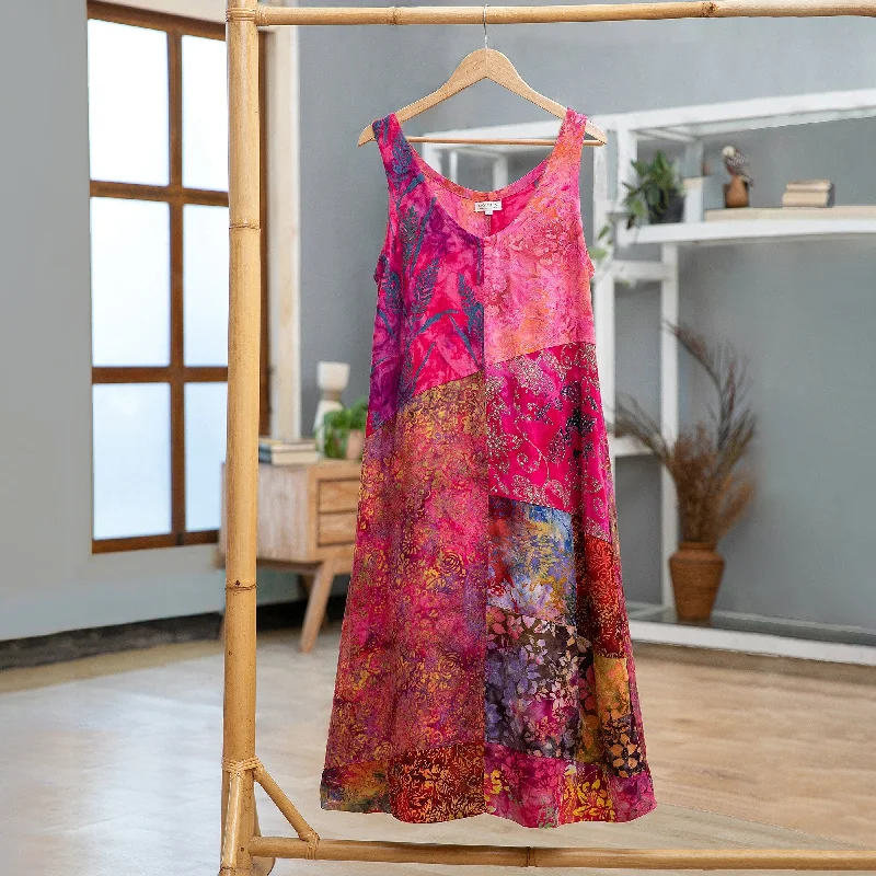 Women’s sleeveless dresses for summer fashion -Novica Handmade Pink Patchwork Dreams Batik Rayon Dress